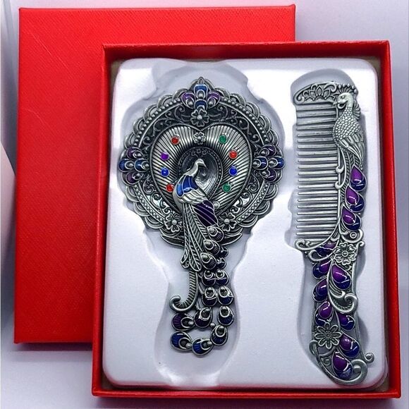 Vintage Peacock Mirror Comb Gift Set Antiqued Rhinestone Regency Vanity Boxed main image 6